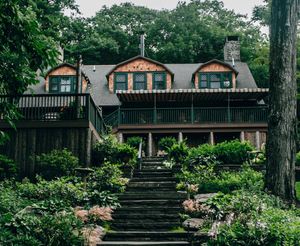 Cascading stone staircase to the Deer Mountain Inn.